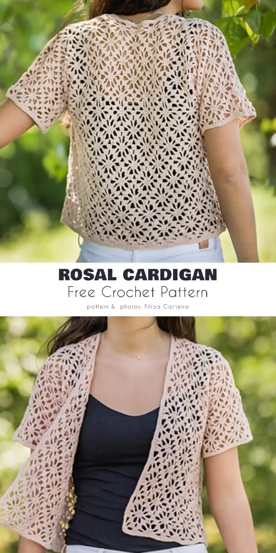 Close-up of 'Rosal Cardigan', showcasing its delicate open floral crochet stitch in a light, neutral color, made with organic cotton.