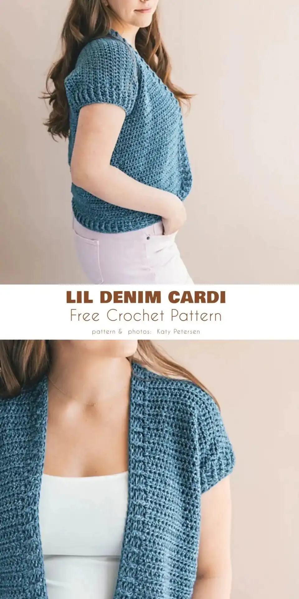 Model wearing 'Lil Denim Cardi', a lightweight blue short crochet cardigan styled over a tank top and jeans.