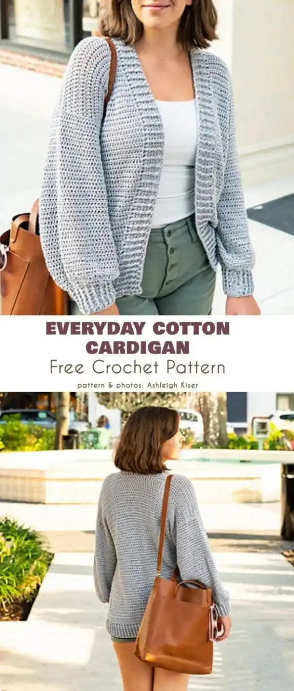 Model wearing 'Everyday Cotton Cardigan', a simple and versatile light grey short crochet cardigan suitable for all skill levels.