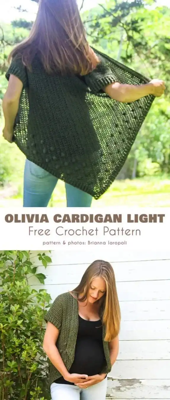 Model wearing 'Olivia Cardigan', a dark green crochet cardigan showcasing its elegant drape and light texture outdoors.