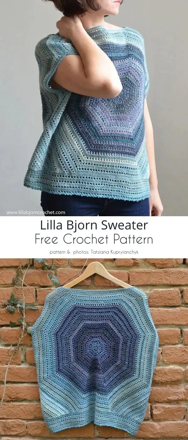Model wearing 'Lilla Bjorn Sweater', a relaxed and airy short-sleeved crochet sweater with a loose fit and textured design in white.