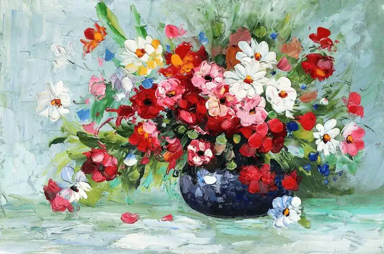 Acrylic painting of a vase filled with a harmonious arrangement of colorful flowers, some with palette knife details.
