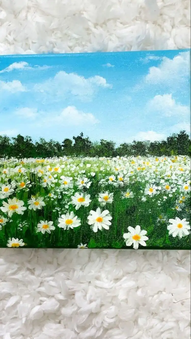 Vibrant daisy flower garden acrylic painting, depicting a field bursting with white and yellow daisies.