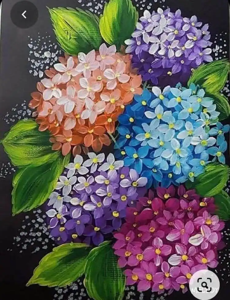 Colorful hydrangeas painted with acrylics on a striking black canvas, highlighting vivid hues.
