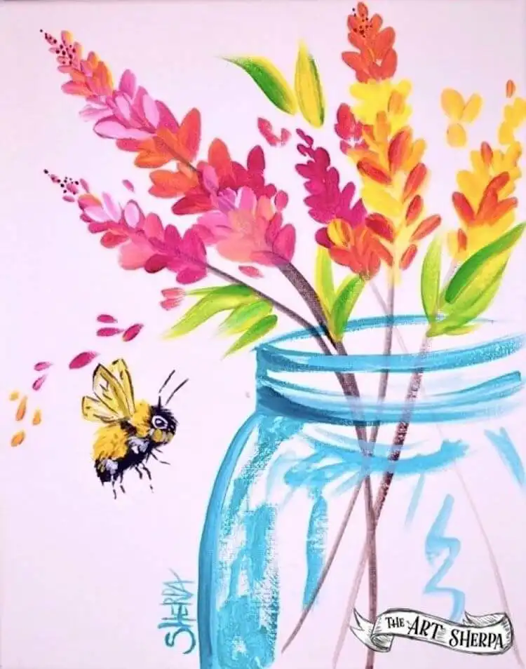 Easy flower jar acrylic painting for springtime, featuring a charming jar with blossoms and a bee.