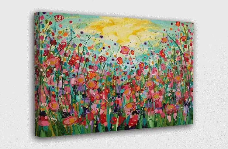 Serene acrylic field of flowers painting, with gentle hues of blue, yellow, green, and red creating a calm scene.