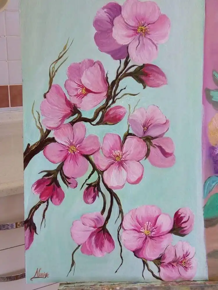 Acrylic painting of an American Rosebud Tree in spring, featuring delicate pink blossoms on canvas.