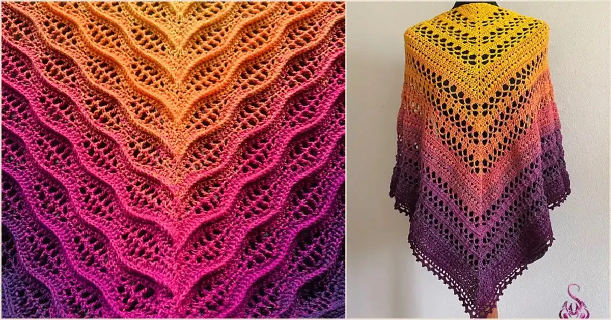 Stunning crocheted sunset shawl draped elegantly, showcasing vibrant gradient colors of orange, pink, and purple, perfect for Sunset Shawl Ideas Free Crochet Patterns.