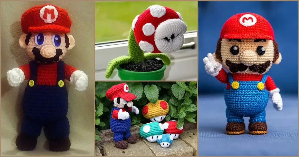 Collection of Super Mario Game Fan Free Crochet Patterns including characters and power-ups.