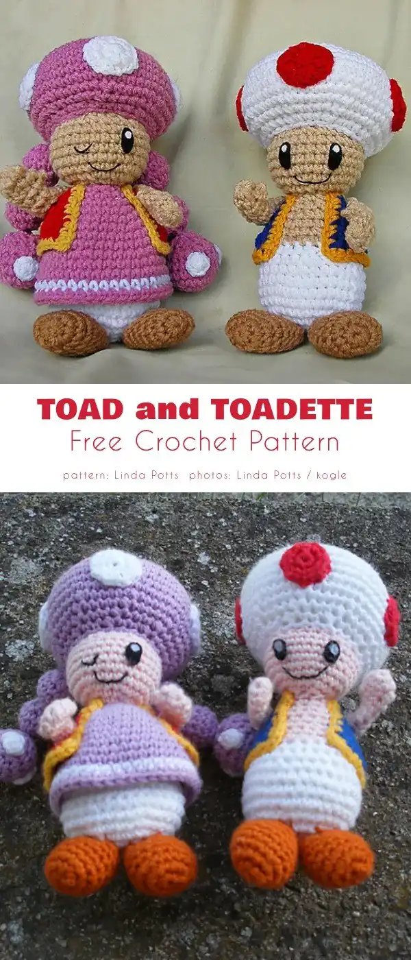 Pair of delightful Toad and Toadette amigurumi figures, colorful and playful.