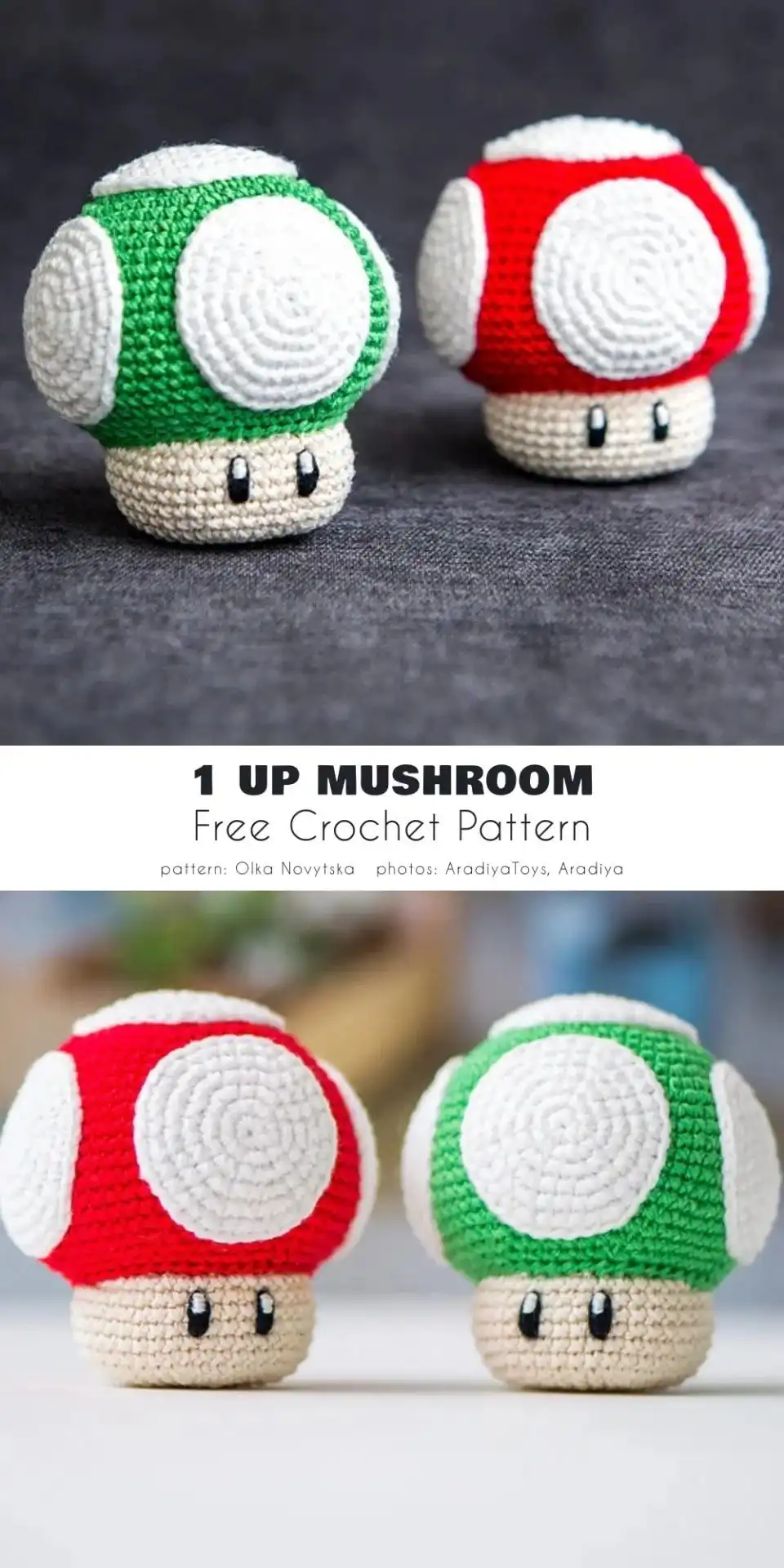 Vibrant green 1Up Mushroom amigurumi with white spots, symbolizing extra life.