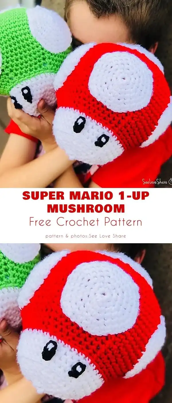 Close-up of a green and white 1-Up Mushroom crochet, detailed for fans.
