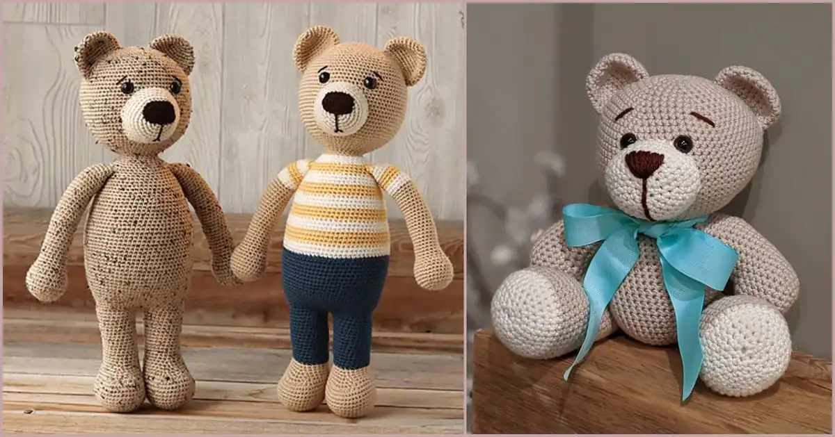Collection of various adorable crocheted teddy bears showcasing different styles and colors