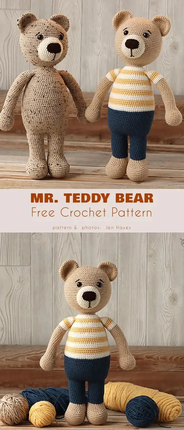 A group of diverse crocheted teddy bears in various poses and yarn colors