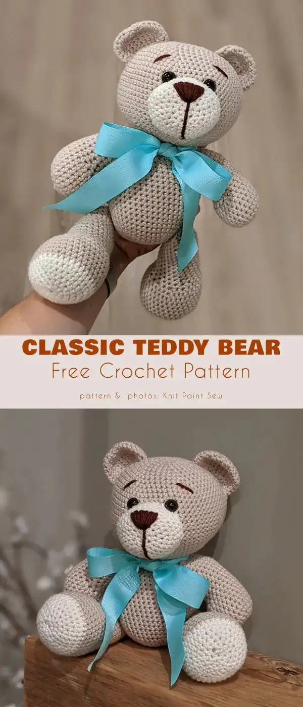 Close-up of a simple yet substantial crocheted Mr. Teddy Bear with minimal seams