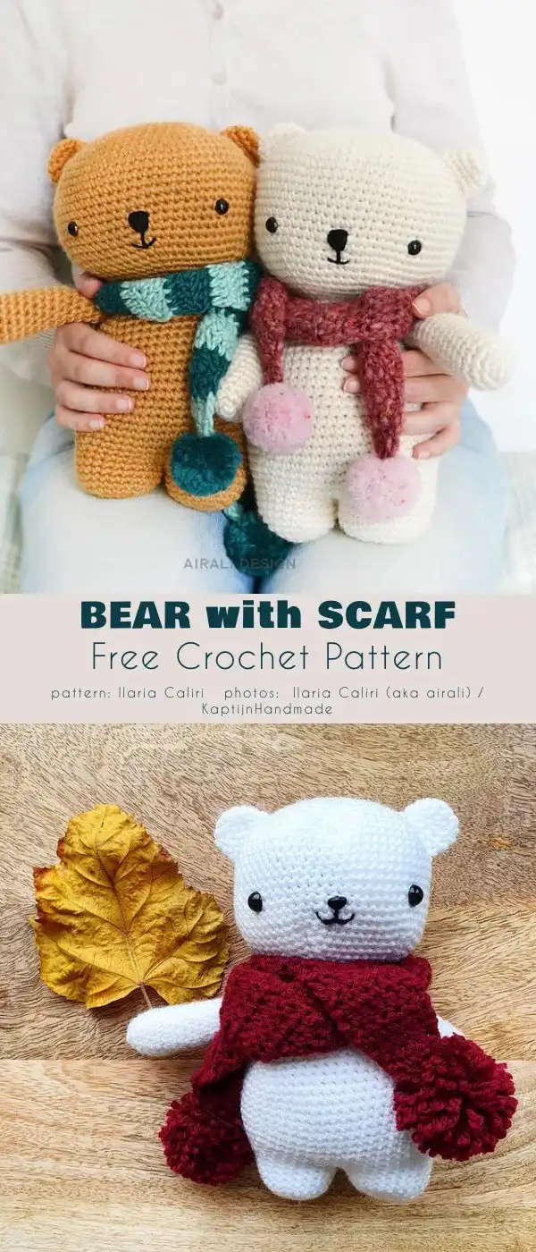 A classic brown crocheted teddy bear with a blue ribbon, evoking nostalgic charm