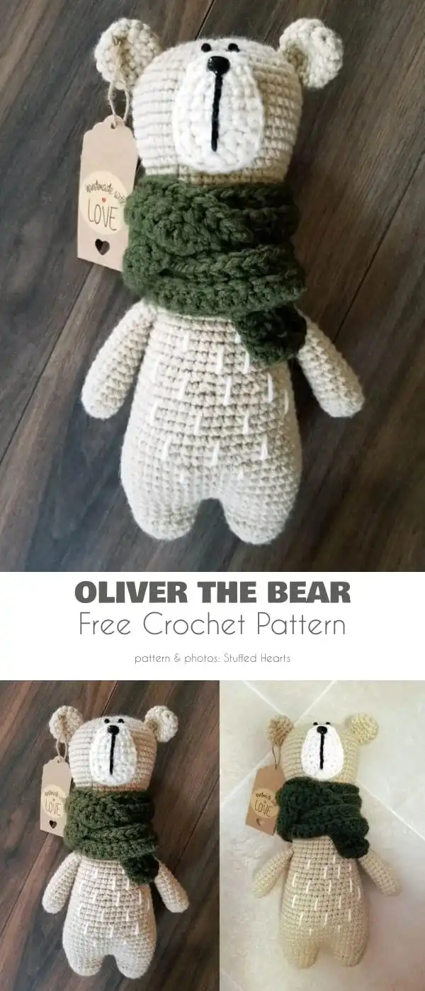 A cute amigurumi teddy bear wearing a vibrant, multicolored crochet scarf