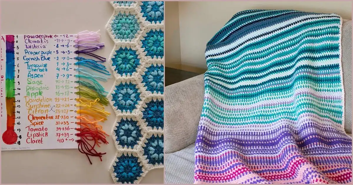 Colorful crochet temperature blanket showcasing a variety of yarn colors representing different temperature ranges or moods, ideal for personalized crafting projects.