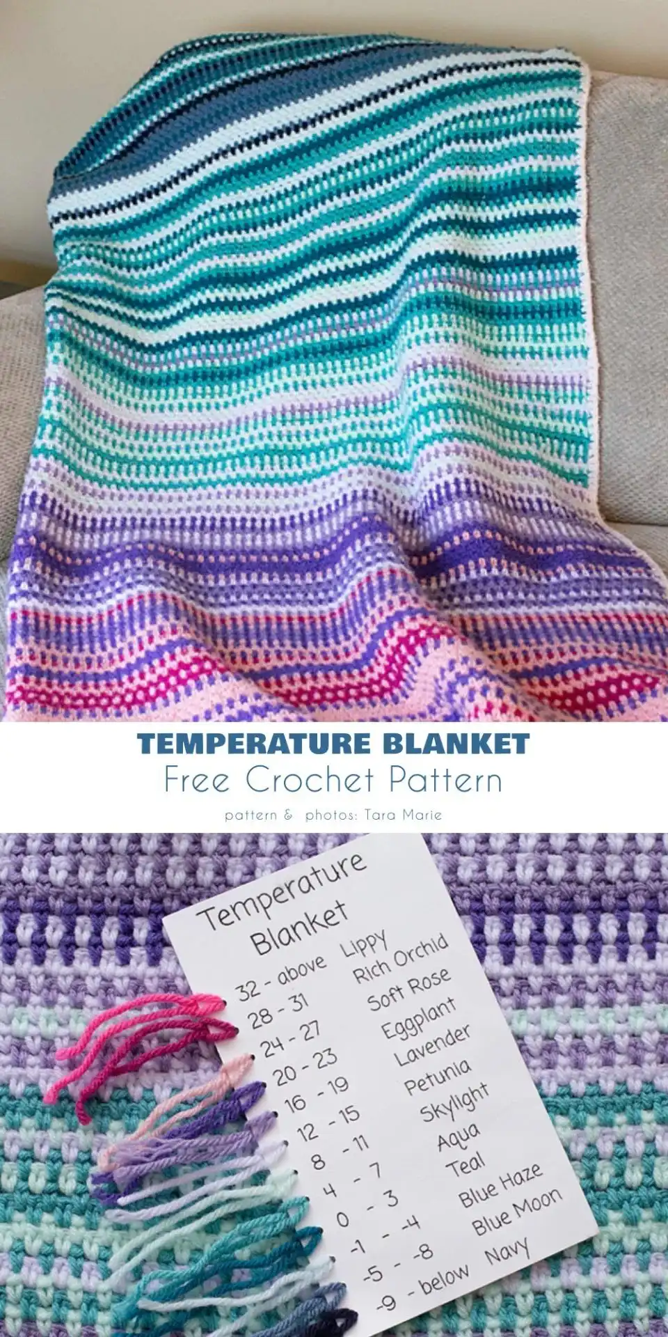 Close-up of a crocheted temperature blanket demonstrating the intricate stitch work and the gradual transition of colors according to daily temperatures.
