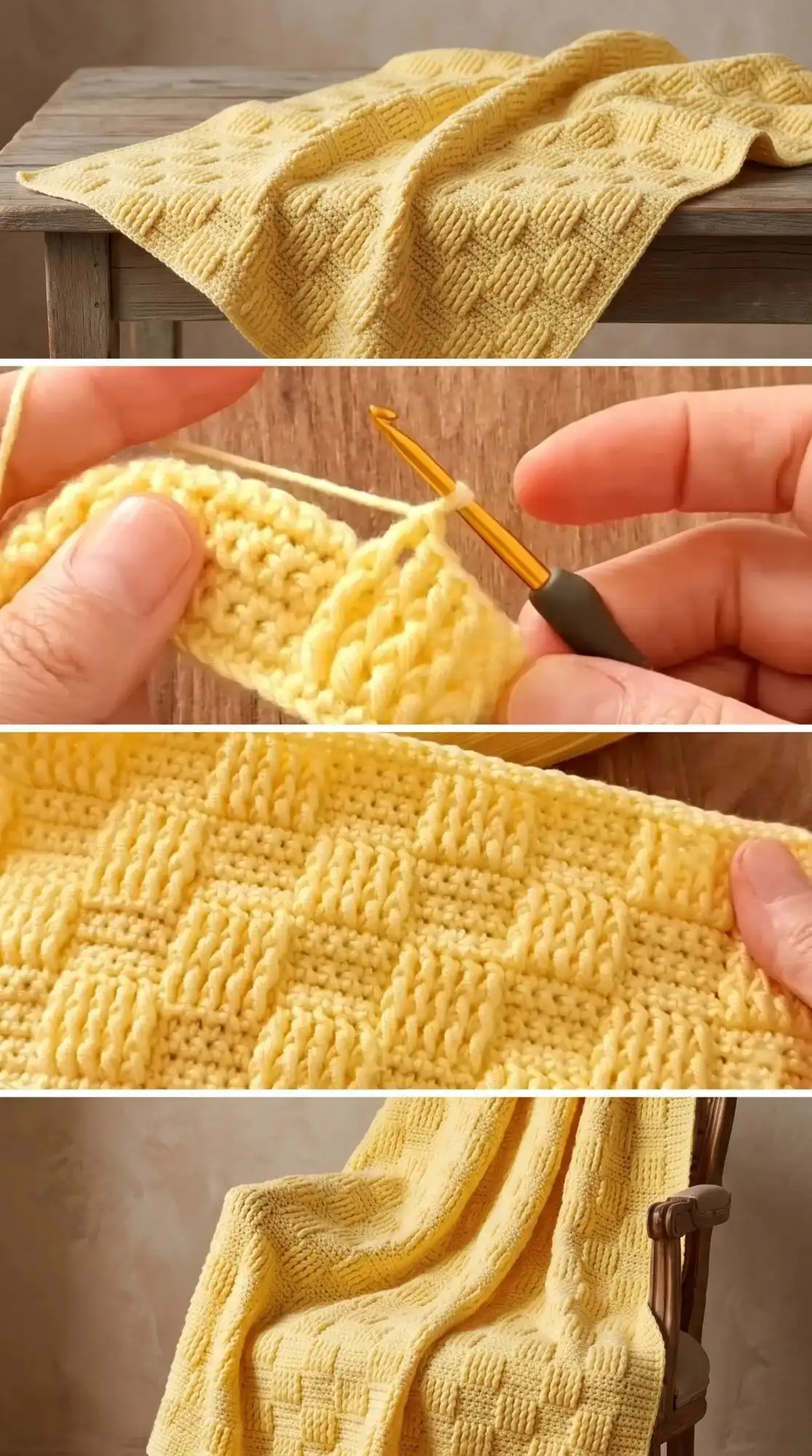 Crochet Textured Blanket materials including worsted weight yarn and 5mm hook, ready for crafting