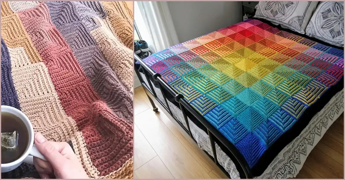 Collection of textured patchwork crochet throws showcasing various patterns and colors