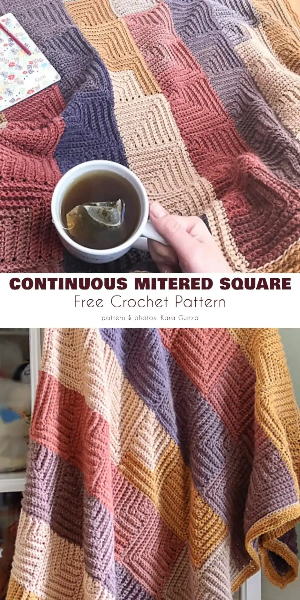 Colorful continuous mitered square crochet blanket with intricate texture