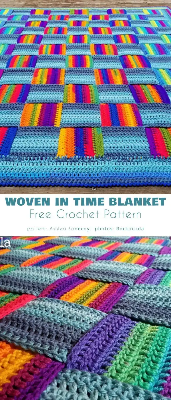 Woven In Time blanket crochet pattern with rainbow and blue gradients
