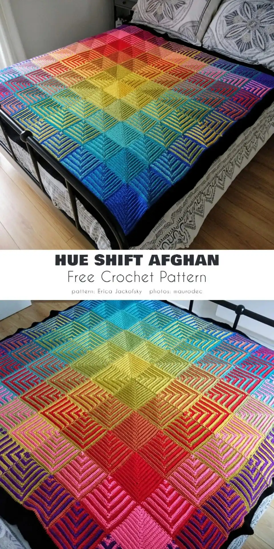 Modern hue shift afghan crochet blanket with strong color delineation