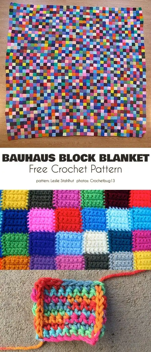 Modular Bauhaus block crochet blanket in modern geometric design