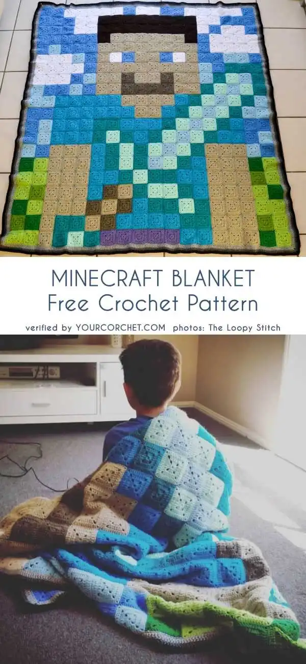 Pixelated Minecraft themed crochet blanket perfect for gamers