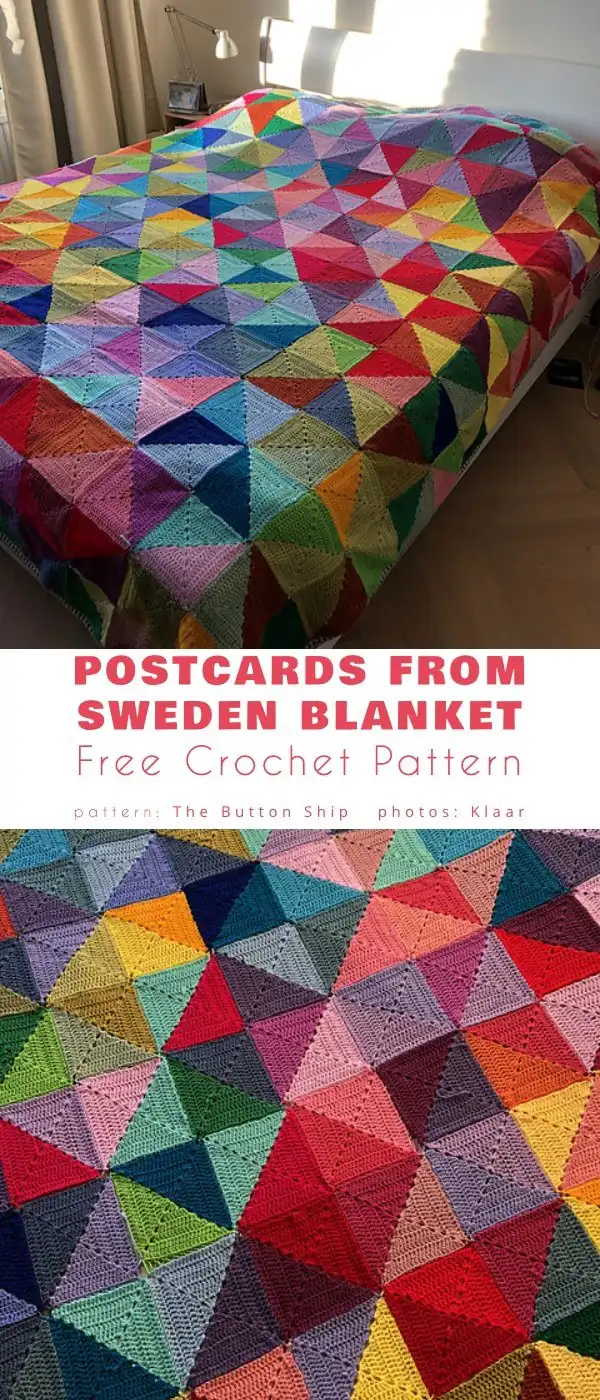 Colorful mosaic bedspread crochet pattern titled Postcards From Sweden