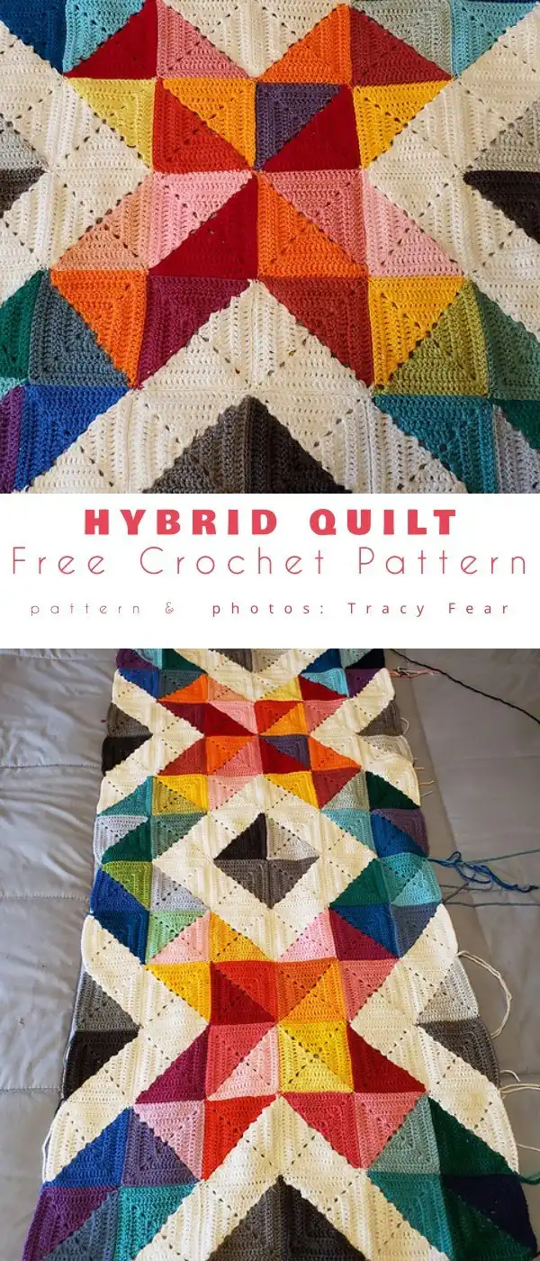 Geometric hybrid quilt crochet pattern with triangular and square motifs