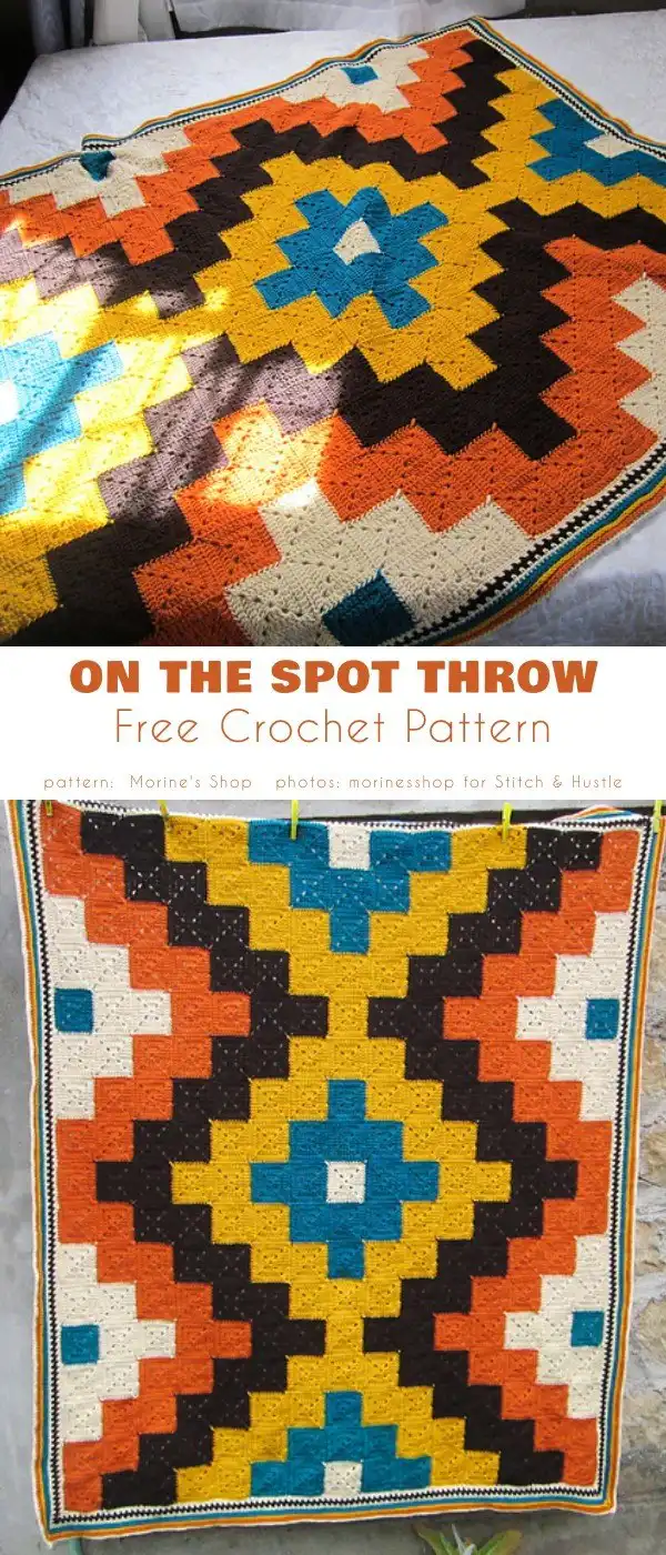 Mosaic On The Spot throw crochet blanket in warm earth tones