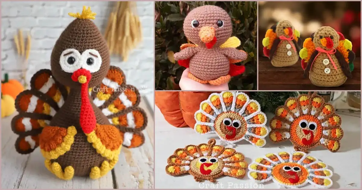 A collection of charming crochet Thanksgiving decor, including a turkey amigurumi and themed coasters, ideal for holiday decorating.