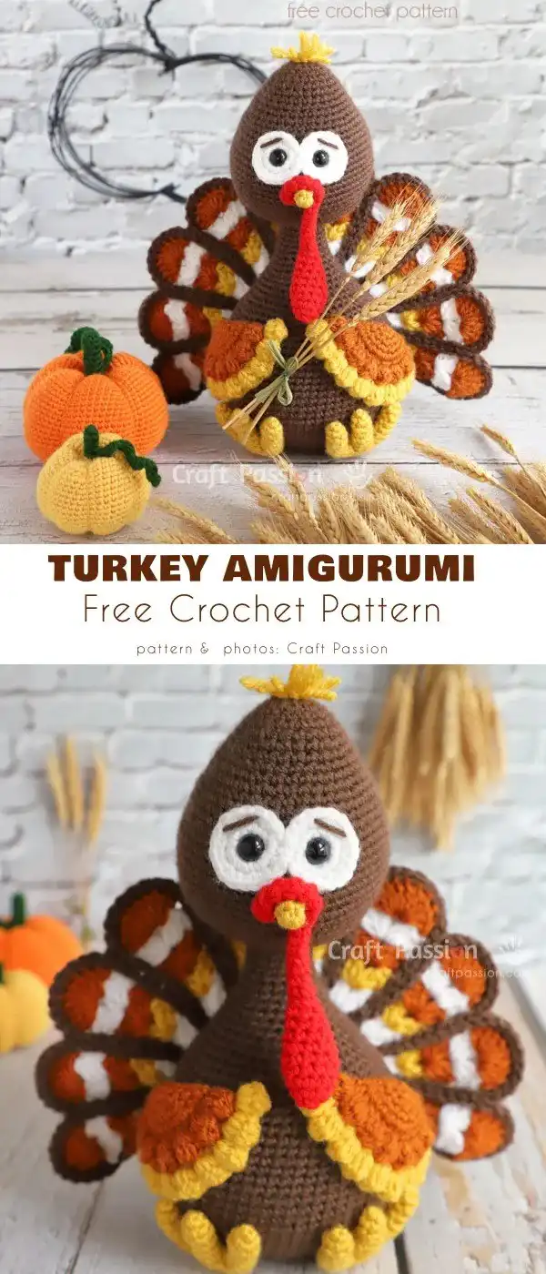Close-up of a finished Tutt Turkey Amigurumi, with detailed crochet stitches and vibrant colors.