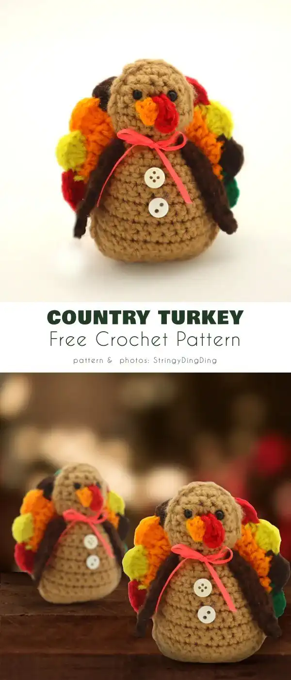 A rustic Country Turkey crochet figure, perfect for fall and Thanksgiving decor, with textured yarn.