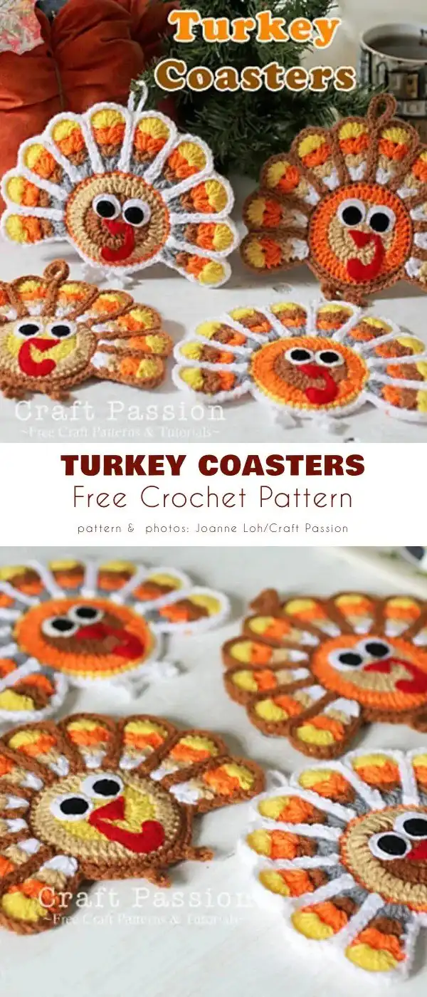 Set of crochet Turkey Coasters in autumn colors, showcasing their practical use on a table.