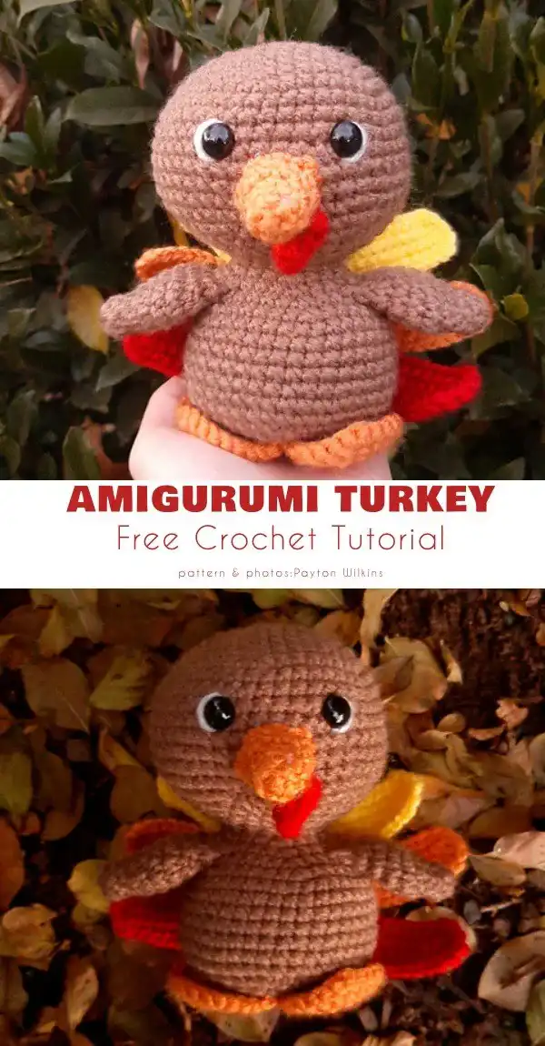 A cute Amigurumi Turkey stuffie, soft and cuddly, suitable as a gift or decorative item for Thanksgiving.
