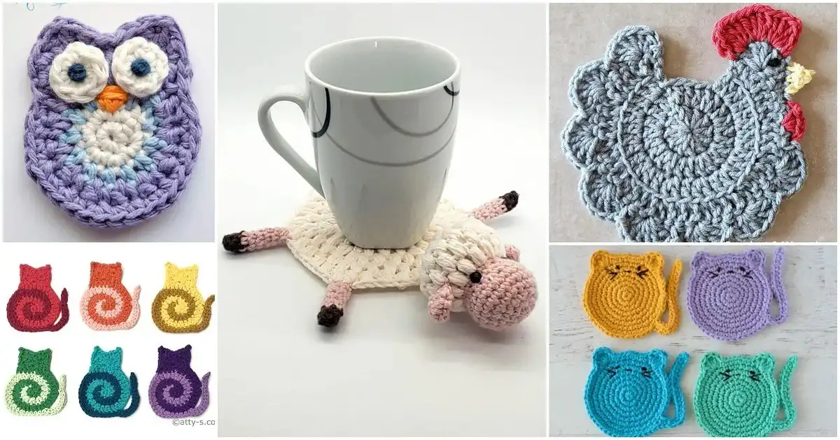 The 15+ Best Animal Coaster Free Crochet Patterns 1 A vibrant collection of crocheted animal coasters, showcasing various whimsical designs like cats, turtles, and sheep, arranged to highlight The 15+ Best Animal Coaster Free Crochet Patterns.