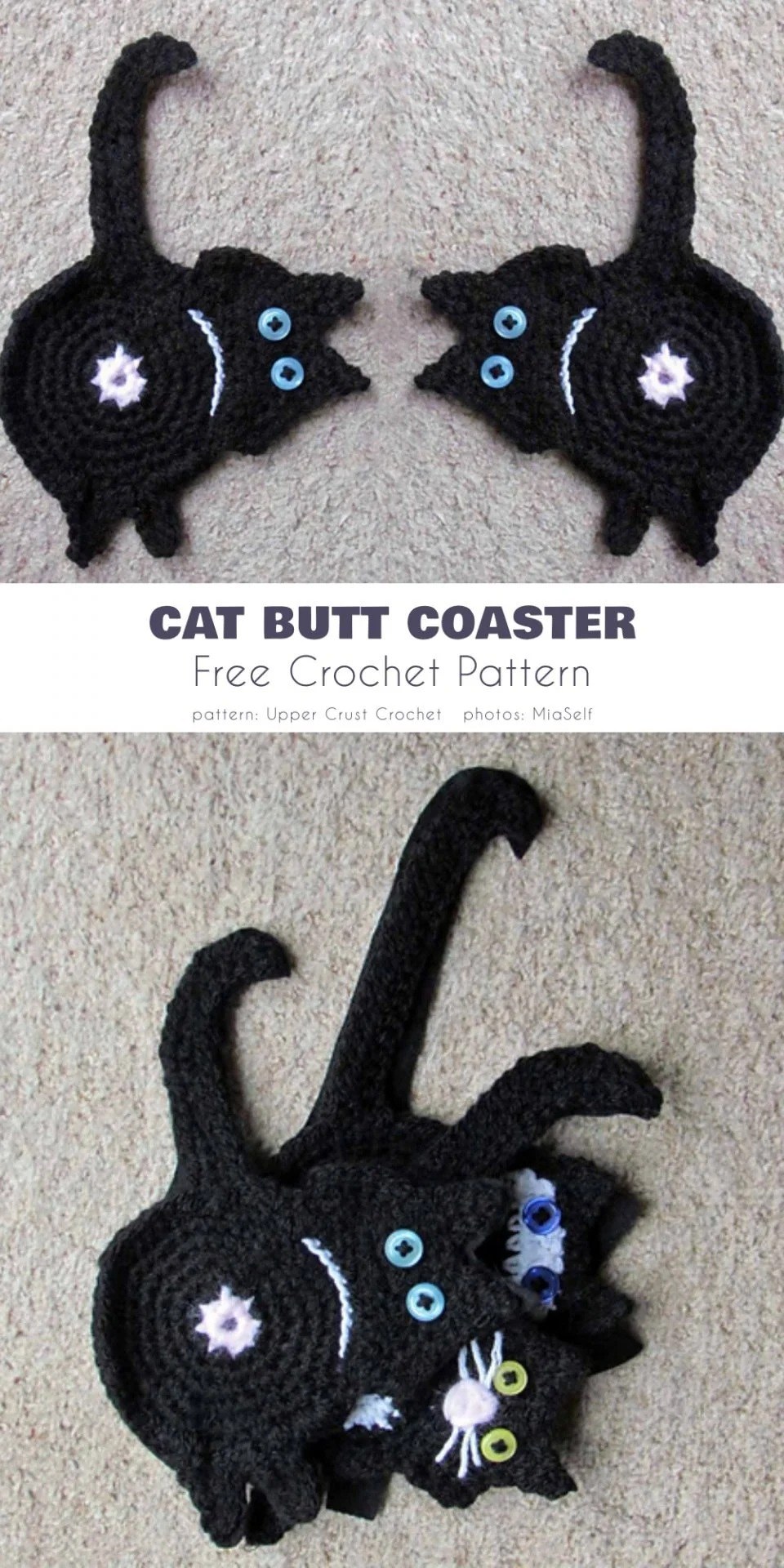 The 15+ Best Animal Coaster Free Crochet Patterns 2 Close-up of a whimsical crocheted cat butt coaster with pink paw pads, sitting on a wooden surface with a coffee cup.