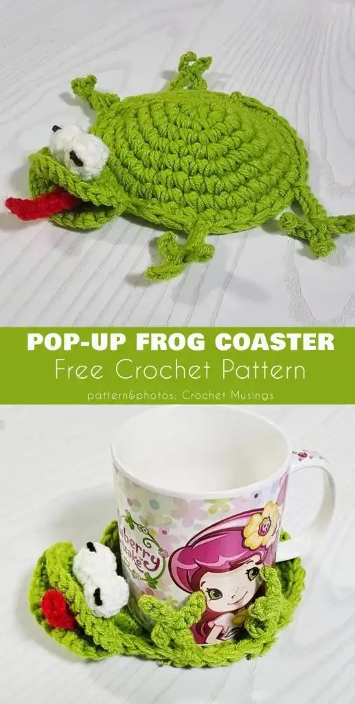 The 15+ Best Animal Coaster Free Crochet Patterns 12 A green crocheted animal coaster designed as a pop-up frog is shown under a mug with an illustrated girl. Text reads 'Pop-Up Frog Coaster Free Crochet Pattern'.