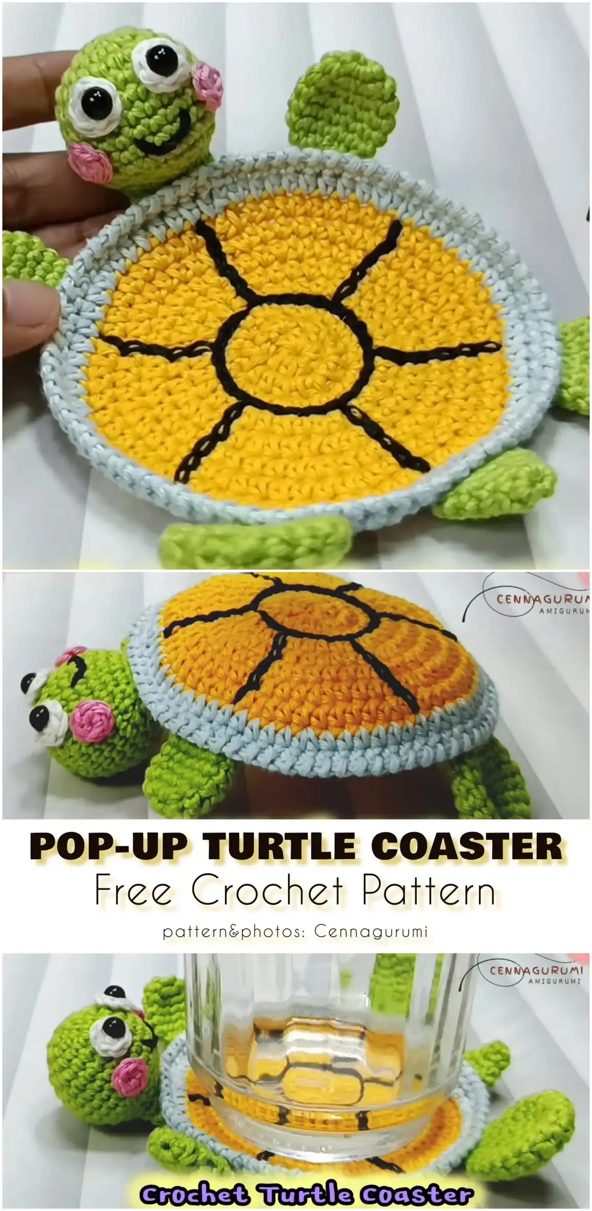 The 15+ Best Animal Coaster Free Crochet Patterns 10 A handmade crochet pop-up turtle coaster in yellow, orange, and green, with its head and limbs extended, holding a mug playfully.