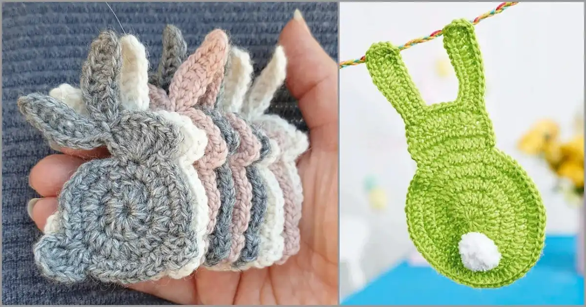 A collection of colorful crochet Easter egg cozies, a small crochet chick, and a crochet bunny applique showcasing The 3 Easiest Easter Projects for Newbies Free Crochet Patterns.