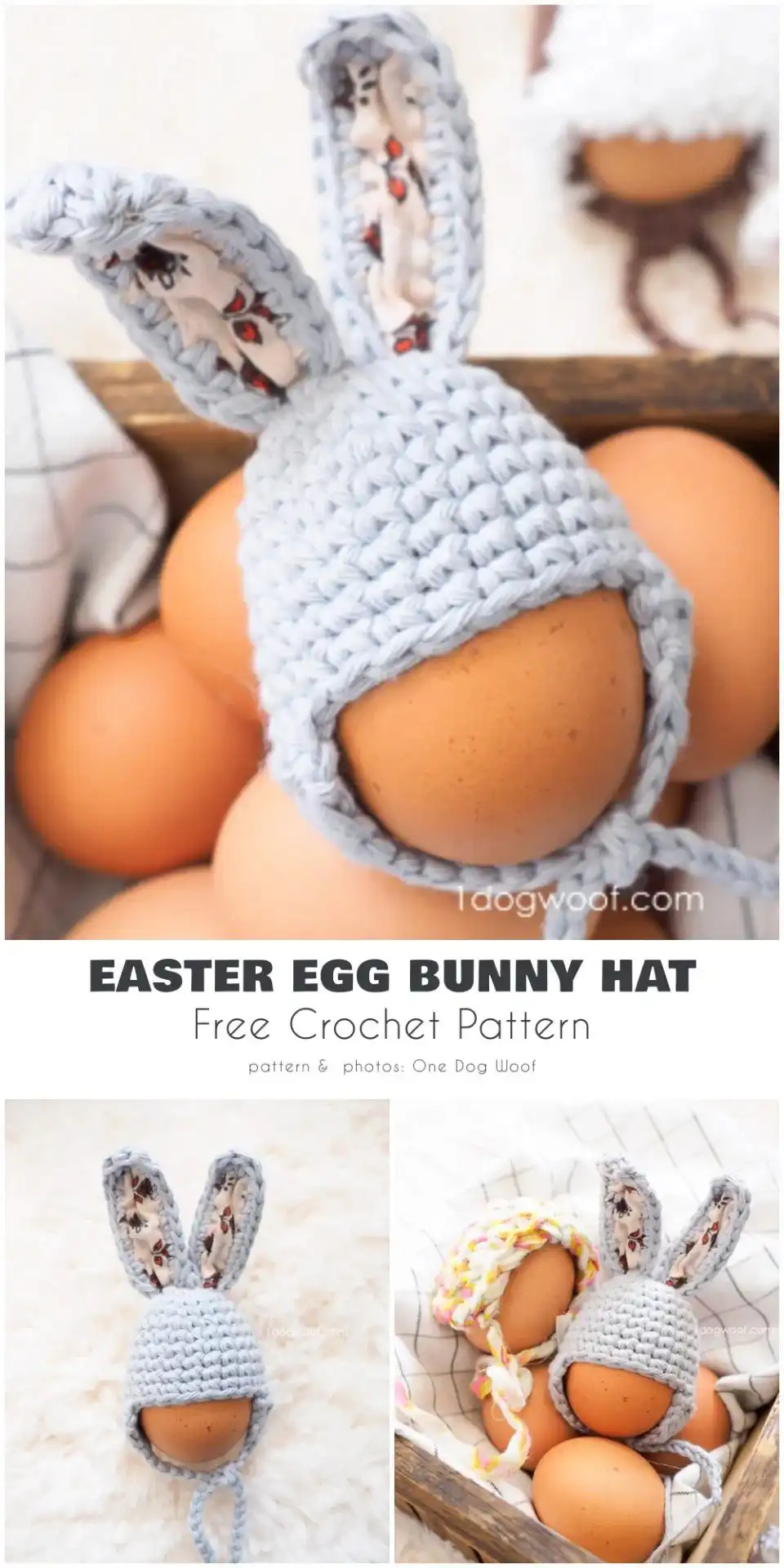 A simple white crochet bunny applique with tiny ears and a fluffy tail, demonstrating an easy decorative element from The 3 Easiest Easter Projects for Newbies Free Crochet Patterns.