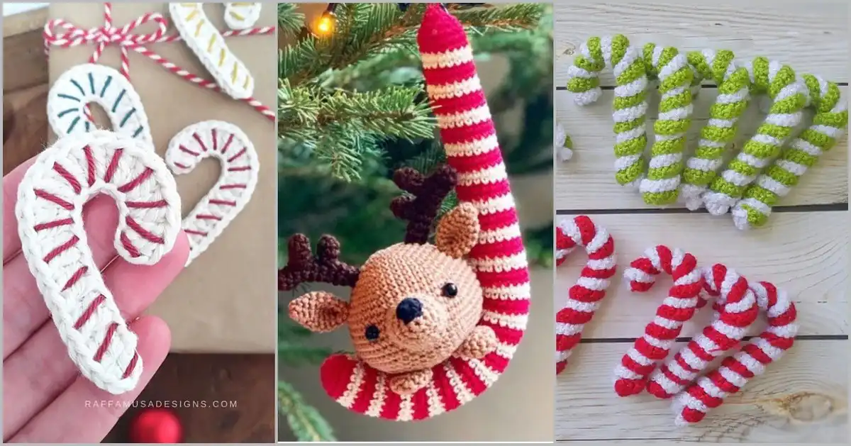 A collection of handmade crochet candy cane tree ornaments in various styles and colors, showcasing the 5 best patterns.