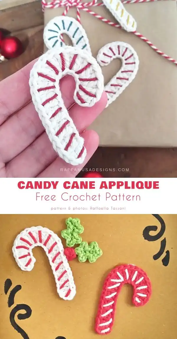 Close-up of a crocheted candy cane applique, in classic red and white stripes, ready to be attached or hung.