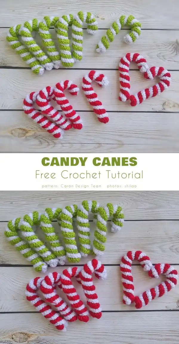 Another unique 3D crochet candy cane ornament, with slightly varied stripe thickness, ready for holiday display.