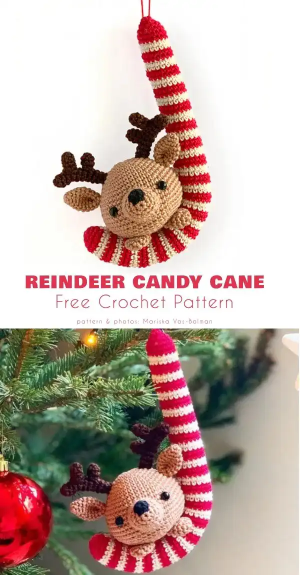 An adorable crocheted reindeer amigurumi swinging from a large, festive candy cane ornament, a playful holiday design.