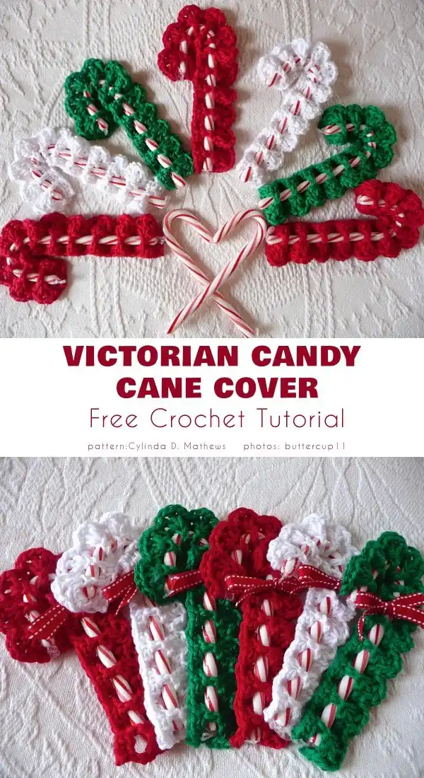 Elegant Victorian-style crocheted cover designed to hold a real candy cane, featuring intricate white thread work.