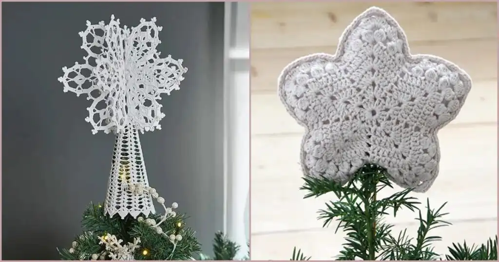 A beautifully crocheted star tree topper adorning the top of a Christmas tree, showcasing the elegance and handmade charm of The 5 Best Tree Topper Free Crochet Patterns.